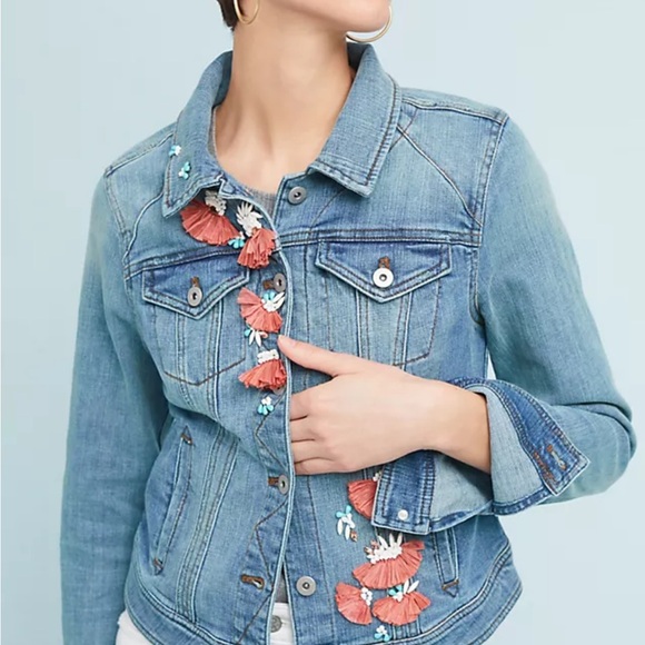 Pilcro Blue Denim Jacket with Coral Embroidery Women’s Medium - Picture 1 of 5